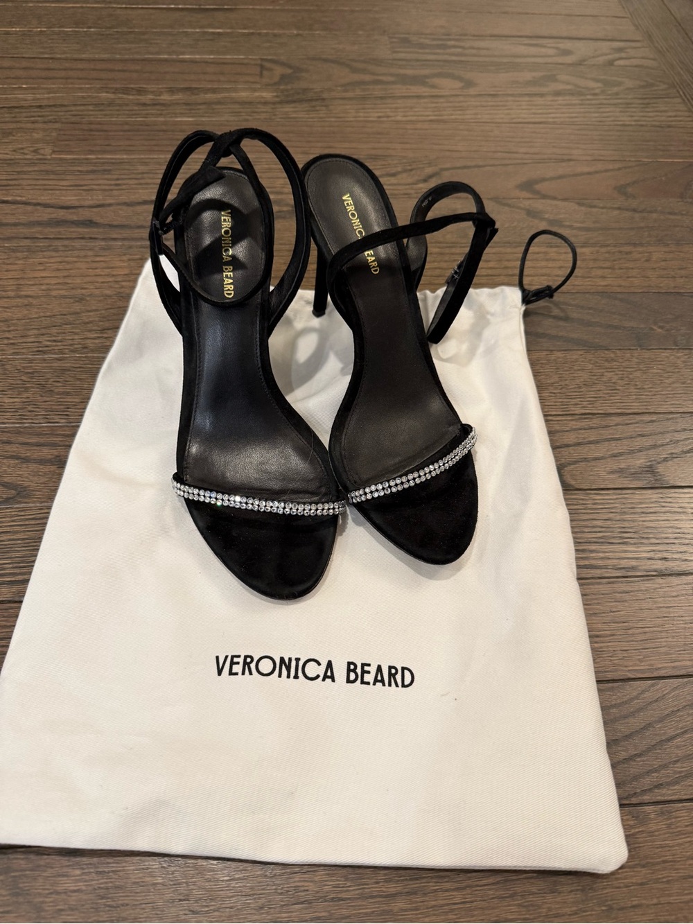 Veronica Beard Maya Black Strappy Heels with Crystal Rhinestones